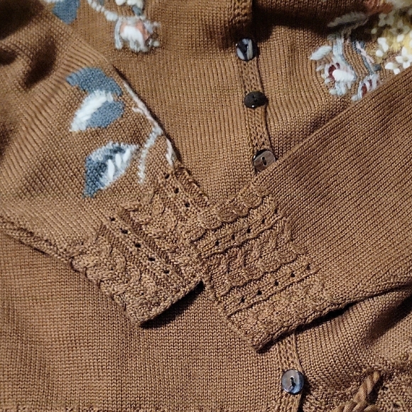 Vintage Cottagecore Susan Bristol Wool Brown Floral Cardigan - M - Picture 8 of 10